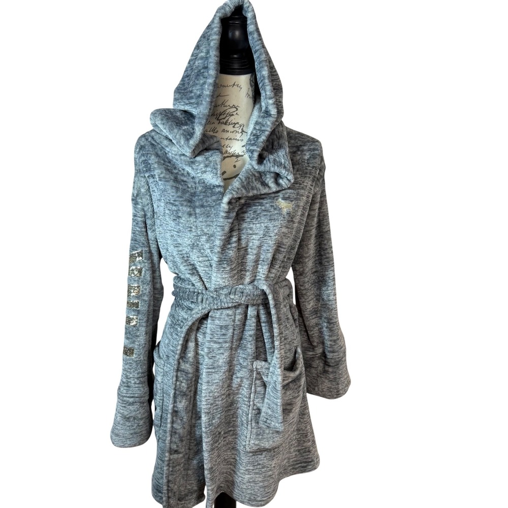 PINK by Victoria's Secret Cozy Plush Robe Hooded Belted Sequin Logo XS S Gray